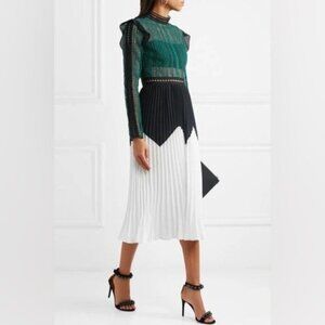 NWOT-Self-portrait Georgette-trimmed Guipure Lace And Pleated Crepe Midi -size 4